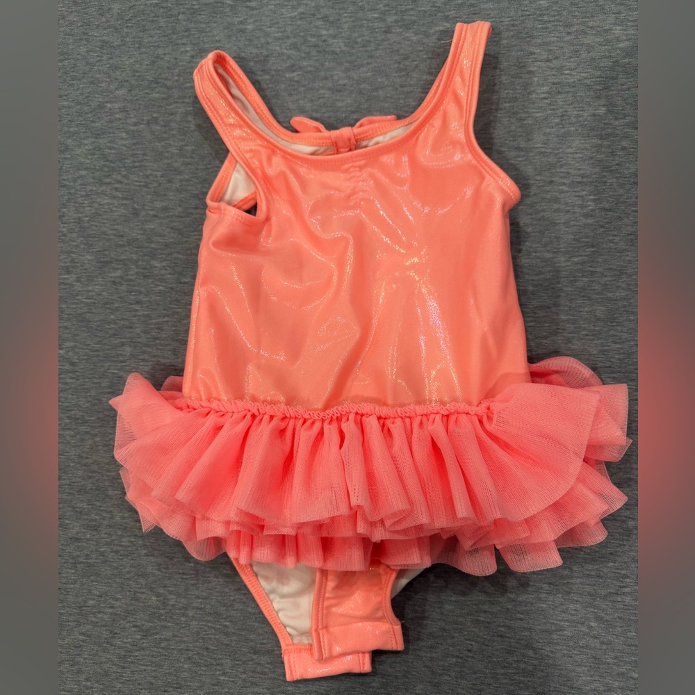 Cat & Jack Girls Coral Pink Ruffled Tutu Swimsuit - Picture 2 of 4